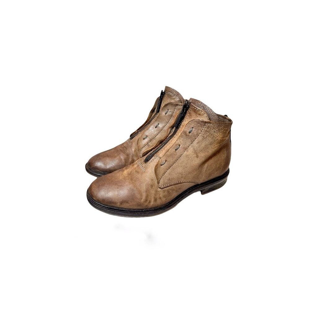 A.S.98 Distressed Taupe Leather Asymmetrical Front Zip Moto Boho Ankle Boots